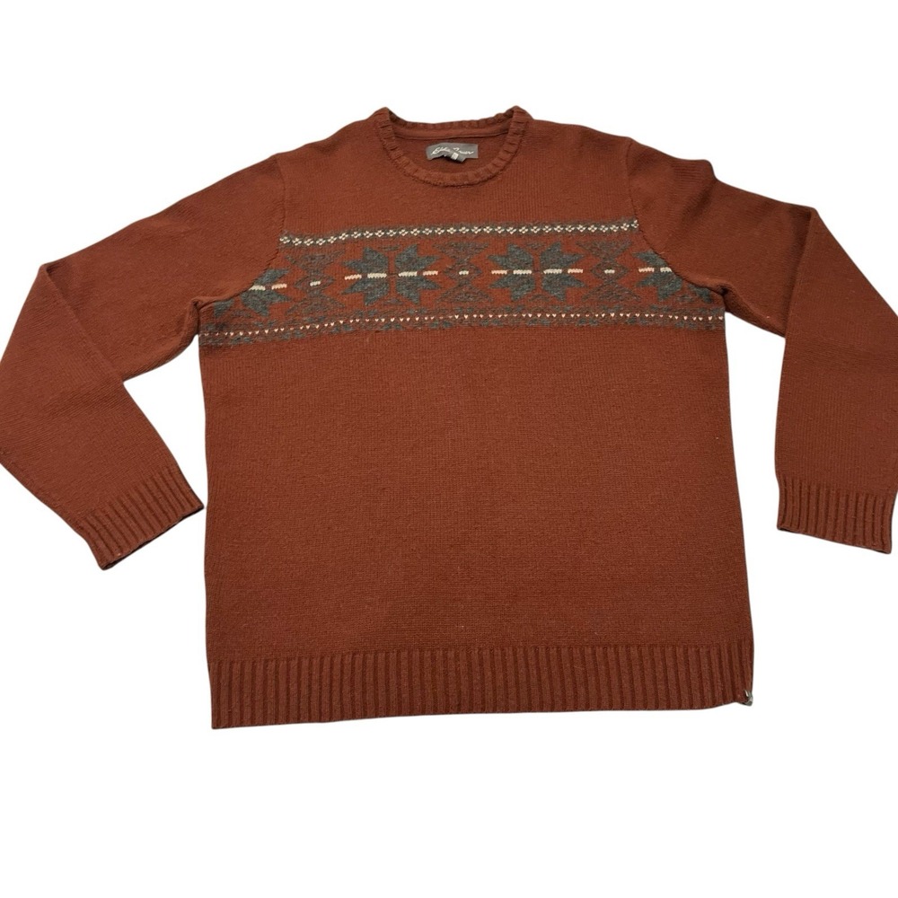 Eddie Baurer Sweater Brown Rush Snowflake Wool Blend Pullover Mens LT Cabin Ski